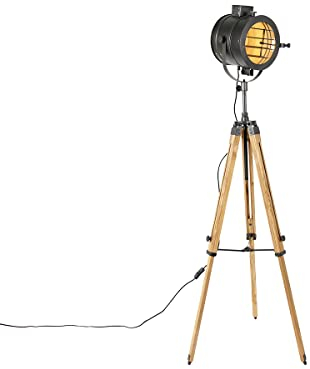 Qazqa - Industrie I Vintage I Dreibein-Stehlampe schwarz mit Holz-Studiospot - Radient I Wohnzimmer I Schlafzimmer - Länglich - LED geeignet E27