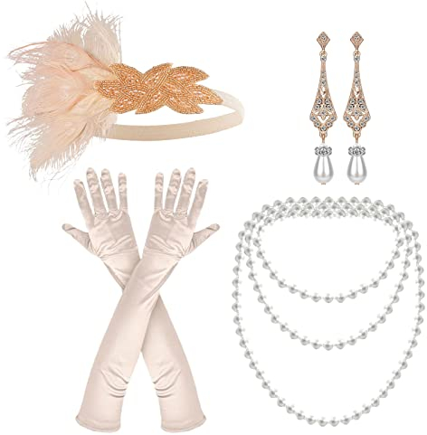 NITAIUN 4 Teiliges 20er Jahre Accessoires 1920s Flapper Great Gatsby Accessoires,Charleston Kostüm 1920 Zubehör-Set, Stirnband Handschuhen Halskette Ohrringen, for Roaring 20s Party Prom (Set O)