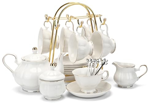 CHENP.HMC Tea Set 22-Piece Porcelain Ceramic Coffee Tea Gift Sets Cups Saucer Service for 6 Teapot Sugar Bowl Creamer Pitcher and Teaspoons (WHITE3)