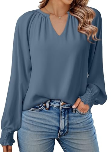 Dokotoo Women's Blouses Shirts Smocked Puff V Neck Womens Long Sleeve Tops Oversized Ladies T-Shirts Chiffon Blouse Casual Women Tunic Top S-XXL
