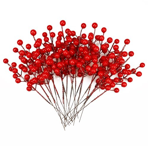 30 Pezzi Steli Bacche Rosse Artificiali, Rami Bacche Agrifoglio Natale Decorazioni per la Casa, Picks Bacche Rosse Finte per Decorazioni Dell'albero Natale Artigianato Ghirlanda Festa Centrotavola