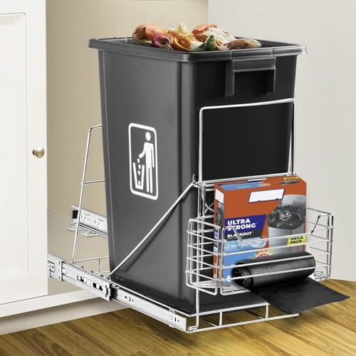 Haootadiy Cabinet Trash Can Pull Out Kit with Removable Front Basket for Garbage Bag Storage, Under Sink Trash Can Slide for 7-11 Gallon Kitchen Trash Can (Not Include Trash Can)