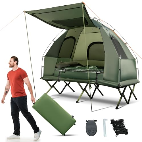 GOPLUS Feldbett mit Zelt für 2 Personen, 5 in 1 Campingzelt wasserdicht mit Sonnenschutz, Luftmatratze, Kissen, Schlafsack & Tragetasche, Campingliege Campingbett zum Wandern und Picknick