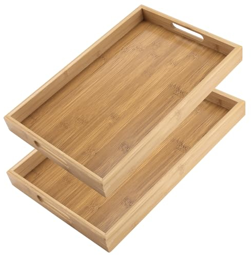 LEXININ 2 PCS Bamboo Serving Tray, 38 x 25 x 4cm Large Rectangular Wooden Food Tray with Handles for Breakfast, Tea, Coffee, Eating