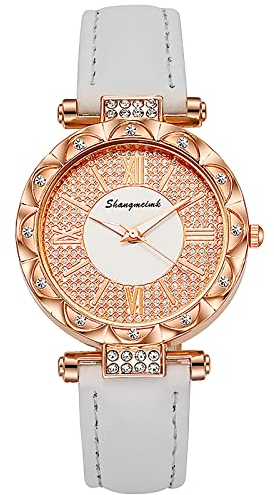 Watch for Men Frauen-Uhr-Damen voller Diamanten Lederband-Quarz-Armbanduhr weibliche Moderne einfache Uhr Armbanduhr Herren Perlen (White, One Size)