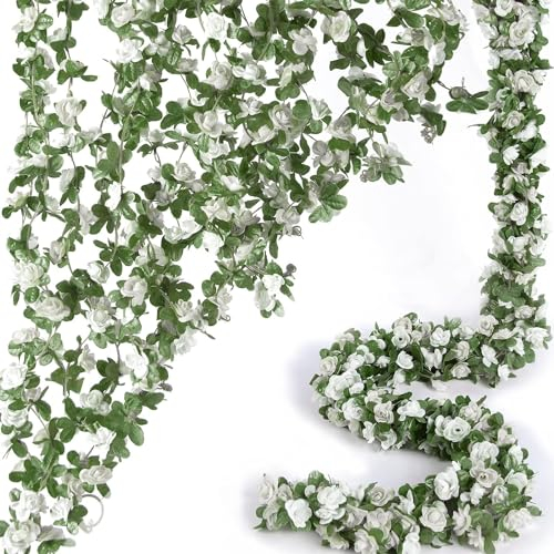 ASTNIC 9 Stück 8FT Blumengirlande Deko Künstliche Weiß Rosengirlande mit Eukalyptus Pflanzen Seidenblumen Hängende Rebe Girlande für Außen und Innen Hochzeit Party Garten Hintergrund Wand Dekor (Weiß)