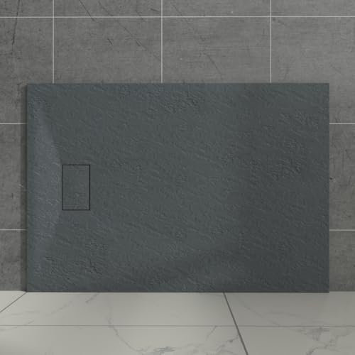 Aquariss Anthracite Rectangular Shower Tray Slate Effect SMC Slip-Resistant Shower Base for Bathroom Enclosures 1400x900mm with Waste