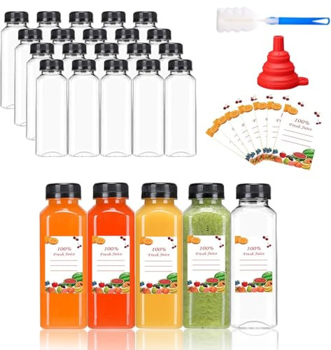 Punklong Plastic Juice Bottles with Caps, 20pcs 13.6oz/400ml Empty Reusable Water Bottle, Clear Bulk Drink Containers with Black Tamper Evident Lids for Juicing,Smoothie,Milk (13.6oz/400ml)