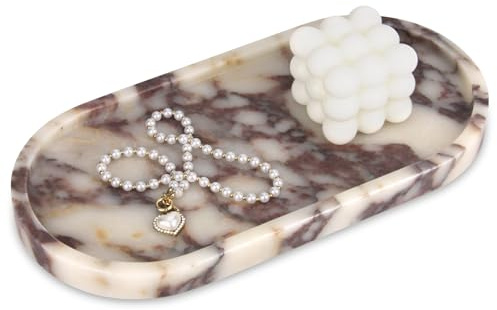 Badezimmer Tablett Oval Calacatta Viola Natürliches Marmor Deko Tablett für Küche Schminktisch Arbeitsplatte Gewebe Kerzen Handtuch Kaffee Schmuck Pflanze Kosmetiktabletts Serviertablett 30 x 15 cm