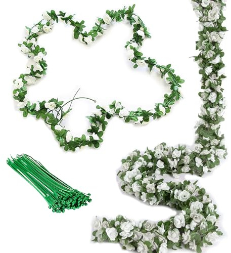 ZenyTra 3er Set Weiße Kunstrosen Girlanden - 3X 2,5m Lange Elegante Seidenblumen Girlanden Mit 135 Blüten Für Hochzeitsdekoration, Garten, Balkon, Wohnzimmer Deko (Inkl. 20 Grüne Fixierstangen)