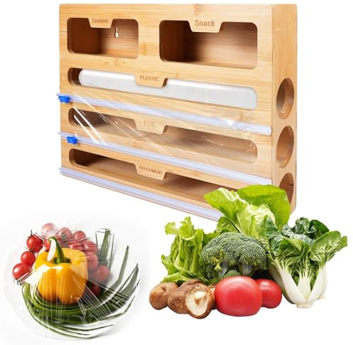 GREENSAPPIRE 5-in-1 Bambus Folienspender mit Cutter 5 Steckplätze | Aluminiumfolie, Frischhaltefolie, Backpapier & Gefrierbeutel Küchen Aufbewahrungsbox für Schublade & Arbeitsplatte