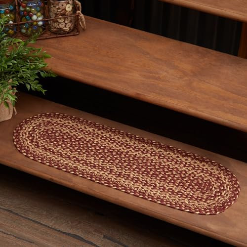 VHC Brands Classic Country Primitive Bodenbelag – Burgunderrot/Hellbraun, Jute-Rot, ovale Stufenmatte, 21,6 x 68,6 cm