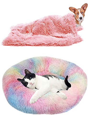 YiCTe Katzenbett Nettes Hundebett Waschbares Haustierbett Kissen Donut Hundebett Extra weich Bequem und geeignet für Katzen und kleine mittelgroße große Hunde (70 cm Durchmesser),Tie-Dye-Regenbogen