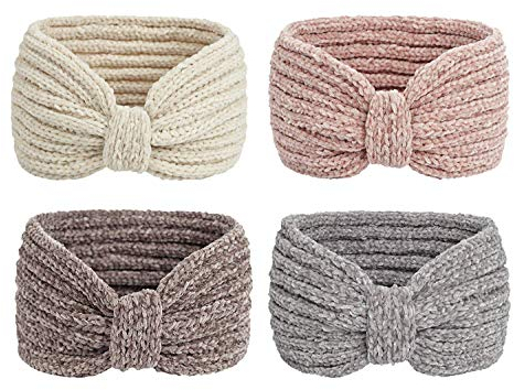 Whaline Winter Knitted Headband Bow Twisted Hair Bands Thick Chenille Ear Warmer Crocheted Turban Head Wraps Elastic Hair Band Accessories for Girls Women Christmas, 4 Pack (Beige, Pink, Gray, Brown)