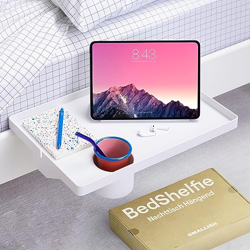 BedShelfie Étagère de Chevet pour Lit et Lits Superposés, Essentiel pour Dortoir Universitaire, Table de Nuit Flottante avec Clip pour pour Organiser Vos Affaires – Porte-gobelet de 6,3 cm, Blanc