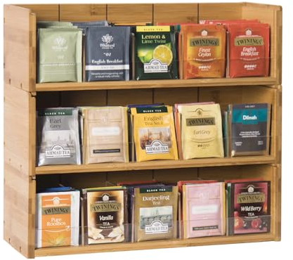 X-cosrack Bambus-Aufbewahrungsbox, 3 Etagen, stapelbar, Teebeutelbox, Naturholz, Wandmontage, Teekisten mit Acryl für Teebeutel, Büro, Küche, Schrank, Speisekammer