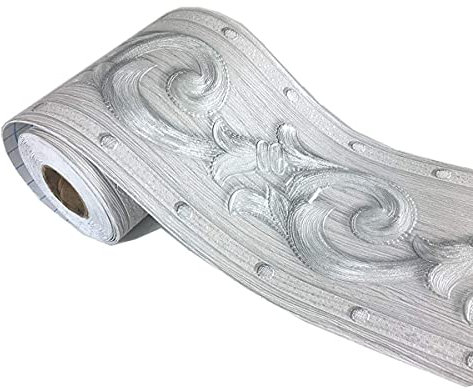 tooloflife 2 Rollen elegante silberfarbene Blumenform-Tapetenbordüre, selbstklebend, dekorative Bordüre, abnehmbar, PVC, geprägte Taillenfliesen-Transfers