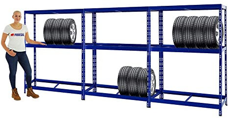 PROREGAL Mega Deal 3X Étagère à pneus Tiger | HxLxP 180x130x50cm | Jusqu'à 36 pneus | avec Tablette | Bleu | Porte-Pneu, Rack à pneus, rayonnage, Stockage, Rangement, Support, Atelier, Garage