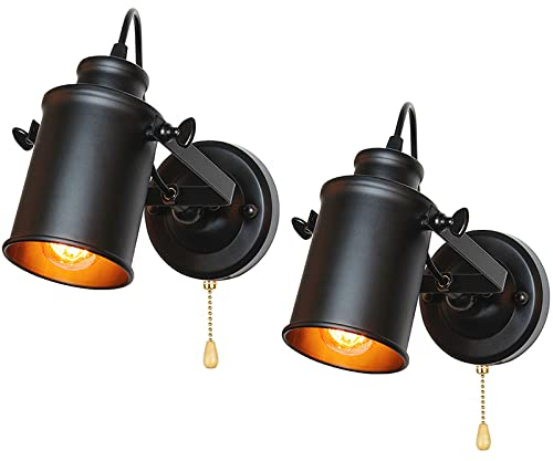 E27 Retro Industrial Wandleuchte mit Schalter Vintage Lampe LED Innen Wandlampen mit Zugschalter Schwenkbar Schwarz Antike Lampe 180° Drehbar Metal Wandspot Schlafzimmer Flur Café Loft (2 Stückes)