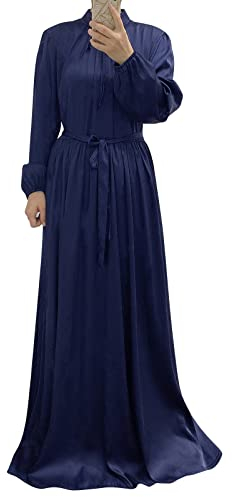 OBEEII Damen Muslime Kleid Islamische Kleidung - Naher Osten Türkei Satin-Gewand für Damen mit Bischofsärmeln Lange Robe fur Ramadan Beten Party Muslim Frauen Einfarbig Kleid Navy Blau XXL