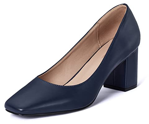 GENSHUO Zapatos de tacón bajo Grueso para Mujer con Puntera Cuadrada, Tacones sin Cordones, Puntera Cerrada, Oficina, Trabajo, Iglesia, Boda, Zapatos de Vestir, Azul Marino, 41 EU