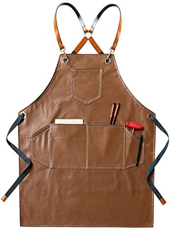 Delantal Impermeable de Cuero PU para Cocina, cafetería, Tienda, Limpieza de casa, Babero, Delantal para Hornear (marrón 60x75cm)