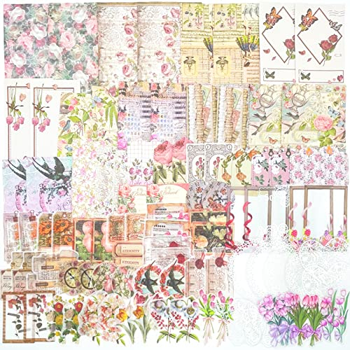 100PCS Scrapbooking Sticker Set Blumen Scrapbooking Aufkleber Blumen Blätter Pflanzen Schmetterling Bastelpapier Vintage Scrapbook Zubehör Dekorative Washi Aufkleber für Notizbuch Tagebuch Album