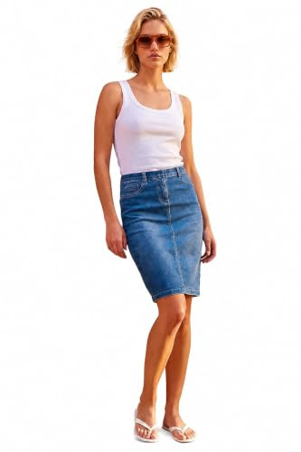 Roman Denim Skirt with Pockets for Women UK - Ladies Jean Skirts Cotton Stretch Mid Wash Fitted A Line Casual Smart Work Office Knee Length Flattering Slimming - Washed Denim - Size 16
