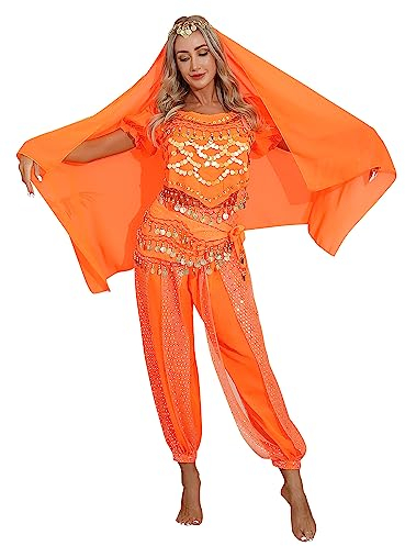 TiaoBug Damen Prinzessin Kostüm Set Pailletten Crop Top + lange weite Hose + Stirnband mit Strass Verkleidung für Karneval Fasching Cosplay Party Tanz Orange Bauchtanz Set Einheitgröße
