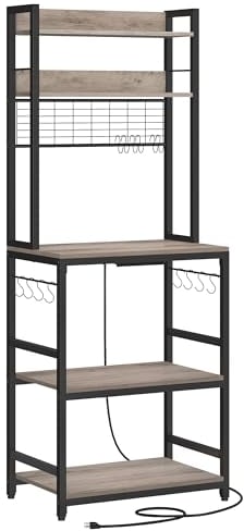 VASAGLE Küchenregal, Standregal mit Steckdosen, Mikrowellen-Regal, mit Gitterplatte, 14 Haken, 40 x 60 x 170 cm, Greige-schwarz KKS037B02EU