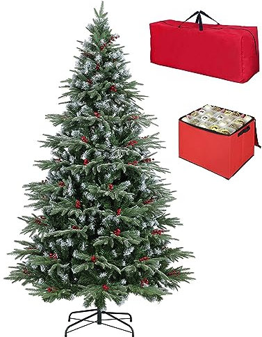 Totò Piccinni Albero di Natale Artificiale Folto, Effetto Realistico, Facile Montaggio, Ignifugo con Borsone e Porta Palline (150 cm, BERRY Punte Innevate e Bacche)