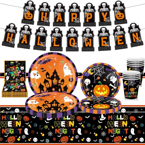 LECONCES Halloween Partygeschirr Set- 70 Stück Halloween Geschirr, Horror Halloween Girlande, Tischdecken, Servietten, Tellern, Pappbecher für Halloween Party Dekoration