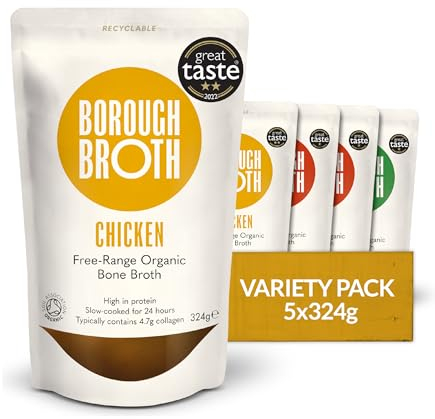 Organic Bone Broth Variety Pack by Borough Broth - Beef, Chicken & Lamb Broth - High Protein & Collagen, Low Carb, Gluten-Free & Keto - Chilled Bone Broth For Soups, Stews & Sauces - 5 x 324g