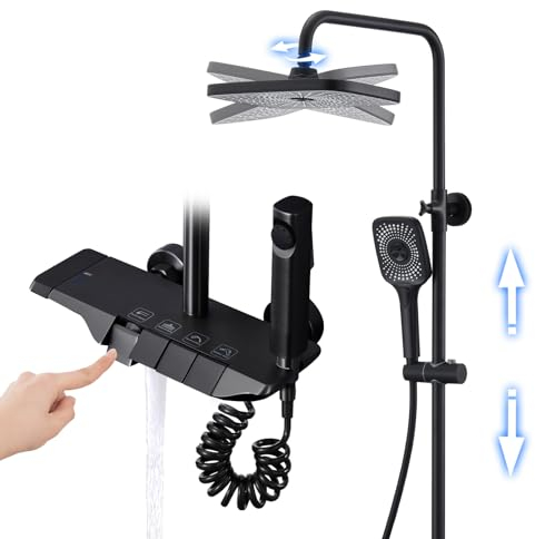 Duschsystem Schwarz Thermostat 4 Funktion komplettes Messing Duschset mit Regendusche, 3 Modus Handbrause, Bidet Sprayer, Badewannenarmatur, Wandmontage Duscharmatur Set, Höhenverstellbar