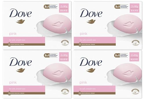 Dove Pink Moisturising Beauty Cream Bar 3 in 1 Cleanses, Moisturises and Nourishes Soap for Soft, Smooth Skin Vegan, Crealty Freee and Dermatologically Tested Beauty Soap 2x90g, 4 Pk