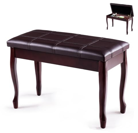 OFFICEJOY Klavierbank, Massivholz-Tastaturbank mit Staufach, Exquisite Beine und Dickes Kissen, klassischer, eleganter Klavierhocker, Duettsitz für Zuhause, 35,6 cm D x 74,1 cm B x 49,5 cm H (Braun)