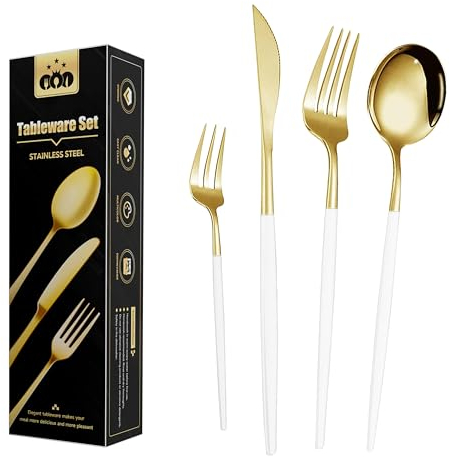Wivico 24-Teilig Besteckset Gold,Besteck Set 6 Personen,Geschirrset,Cutlery Set,18/10 Tafelbesteck Essbesteck,Esslöffel,Teelöffel,Messer/Gabel/Löffel/Dessertlöffel/Dessertgabel,SpüLmaschinenfest