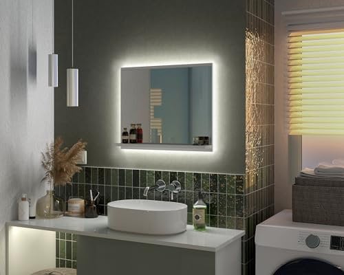Badezimmerspiegel Wandspiegel indirekte beleuchtung LED Hintergrundbeleuchtung Weißer Badspiegel mit Ablage, Beleuchtung, Schminktisch mit Spiegel IP44 beleuchteter wandspiegel ganzkörperspiegel