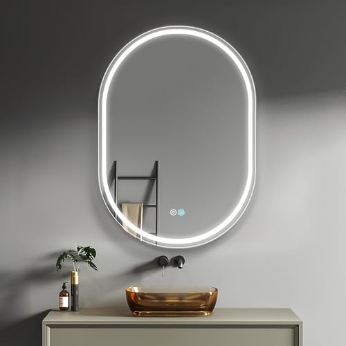 Sunowl 500x700mm Bathroom Mirror with LED Lights, Energy-Saving Illuminated Wall Mounted Vanity Mirror with 3 Colors Dimmable, Demister Pad, Memory Function, IP44, Horizontal/Vertical