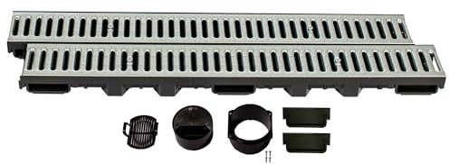 ScarMaxx - A15 Entwässerungsrinne Set - Bodenrinne - Regenwasser-Ablauf - Abfluss mit Gitter - Drainagekanal - Flach - Kunststoff - Bauhöhe 60mm - mit Stegrost Stahl Verzinkt - 2m