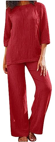 2-teiliges Lounge-Set für Damen, 3/4-Ärmel, Oberteil + lange Hose, Baumwoll-Leinen-Trainingsanzüge, Übergröße, Frühling, Sommer, Kleidung, Streetwear, Loungewear, rot, 54