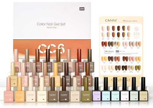 CANNI 24 Stück UV Nagellack Set Nudebraun Glitzer Goldrot mit Farbkarte & Unterlack & Glänzender Überlack & Matte Überlack & Primer & Dehydrator & reinforce gel für Nagelstudio Design Starter Maniküre