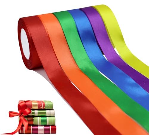 DIKARIYA 22m Regenbogen-Satinband, 6er 25mm Satinband Bänder für Maibaum Geschenkband Breit Bunte Stoffbänder Seidensatin-Girlande Dekoratives Band für Maibaum Basteln DIY Hintergrund Hochzeits Deko