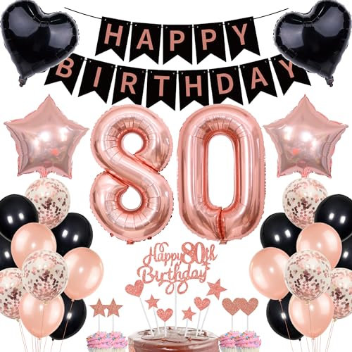 Rose Gold 80th Birthday Decorations - Women's Party Set with Cake Topper, Banner & 80 Balloons