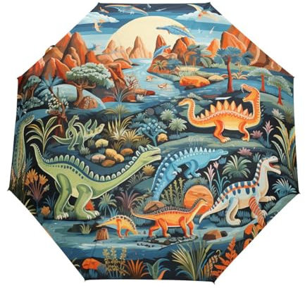 KAAVIYO Dinosaurier-Cartoon-Kunst Regenschirm Automatik Auf-Zu Taschenschirm Umbrella Kompakt Schirme für Jungen Mädchen Strand Frauen