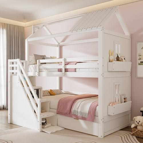 FEZTOY Kinderbett Etagenbett 90 x 200 cm, Hochbett mit Stauraumtreppe & Schubladen & Regalen, Multifunktionsbett Einzelbett Stockbett Spielbett, Kiefer + MDF, Ohne Matratze
