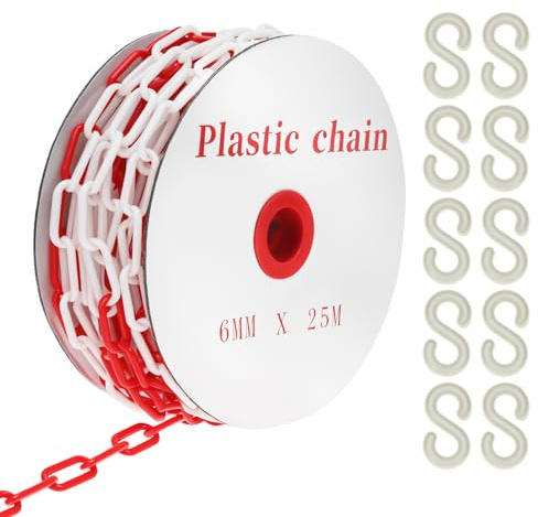 QWORK® Cadena de barrera de 25 m de plástico rojo/blanco de 6 mm, para control de cantidad, tráfico y colas