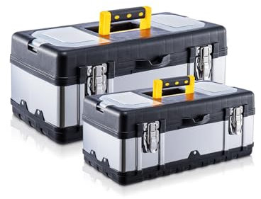 Holdfiturn ToolBox Storage Heavy Duty Stainless Steel Portable Toolbox with Metal Dual Latch Removable Tray Storage Case 2 Lid Organisers for Small Parts for Tools (19 Inch/14 Inch)