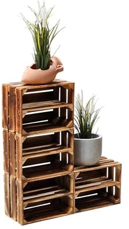 Teramico Vintage Holzkisten 40 x 30 x 25cm geflammt | Weinkisten & Obstkisten | Set-Angebote (4er Set Boden Lang)