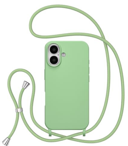 ZTOFERA Crossbody Lanyard Case for iPhone 16, Liquid Silicone Protective Phone Case with Strap Adjustable Neck Cord Necklace Soft Cover for iPhone 16, Green